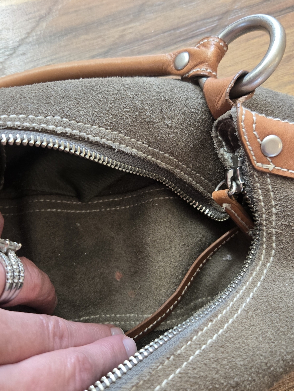 Suede Hobo Shoulder Bag in Olive Green with Tan Handle - Picture 3 of 3